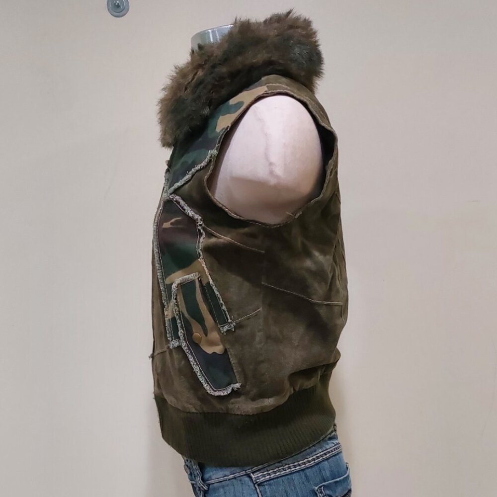 💋BOHO CHIC💋 Stunning Y2K VTG Camo Distressed Genuine Leather Vest - Picture 8 of 16